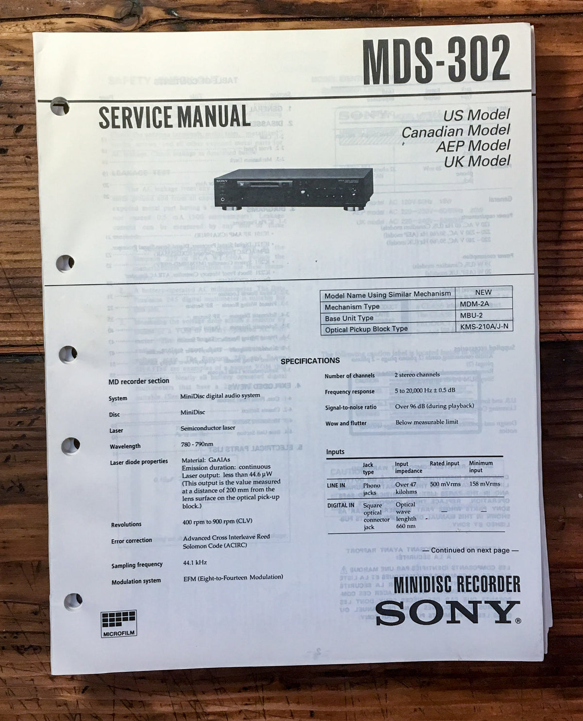 Sony MDS-302 MD Mini Disc  Service Manual *Original*