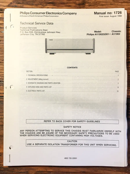 Philips AV-1002 AV1002 Amplifier  Service Manual *Original*