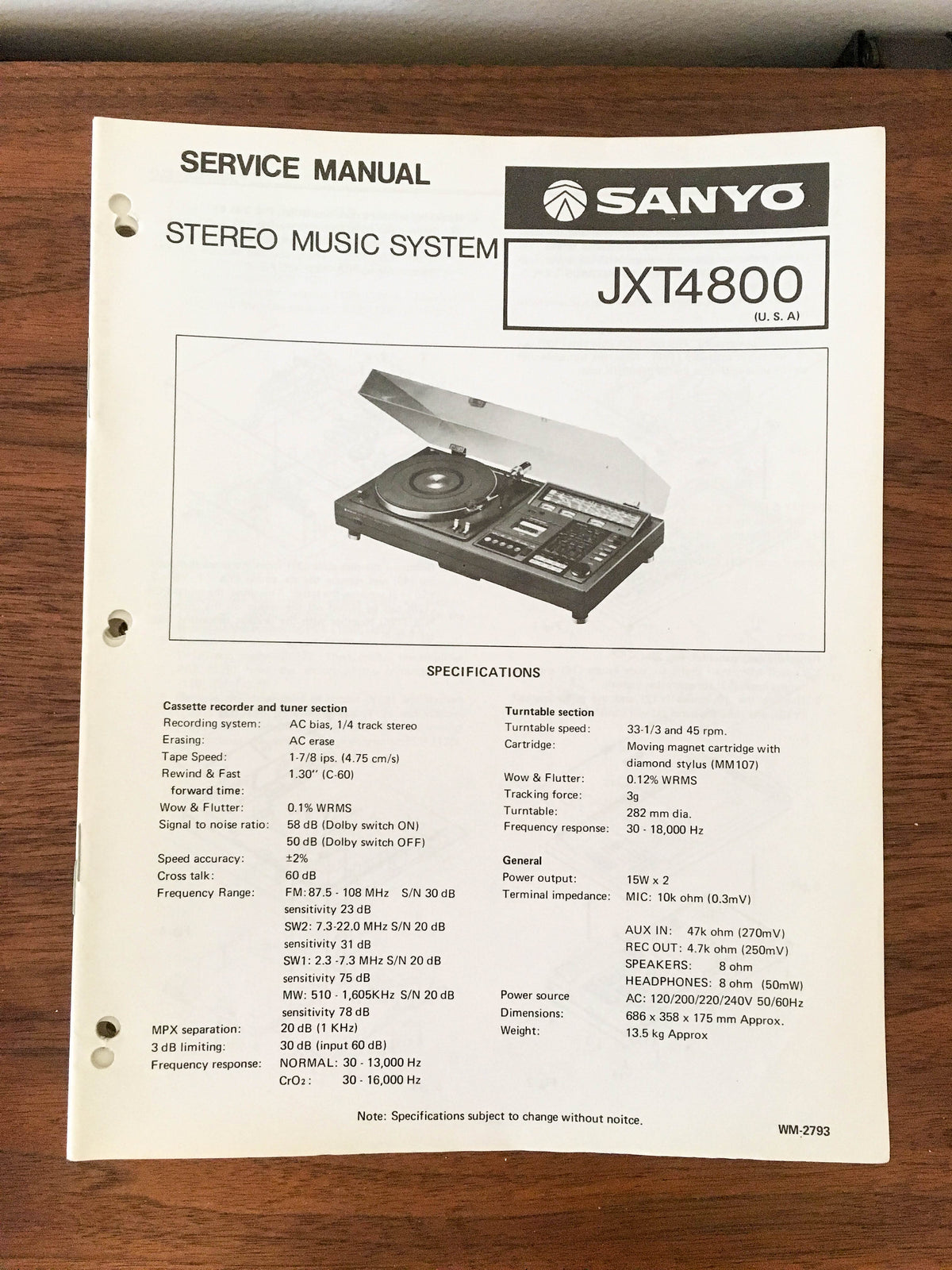Sanyo JXT 4800 JXT4800 Stereo Service Manual *Original*