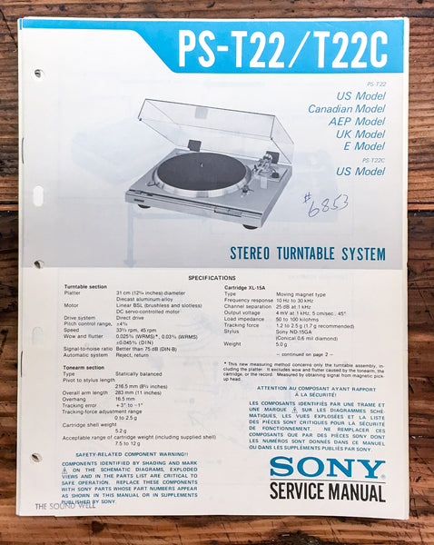 Sony PS-T22 PS-T22C Record Player / Turntable  Service Manual *Original*