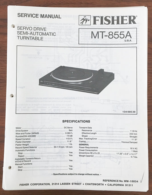 Fisher MT-855A Record Player / Turntable Service Manual *Original*