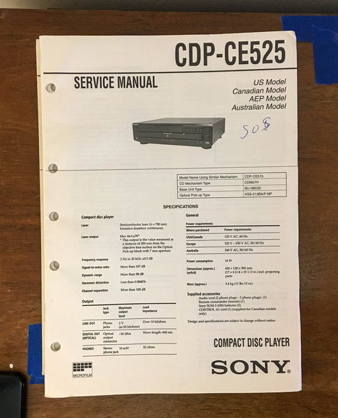 Sony CDP-CE525 CD Player Service Manual *Original*