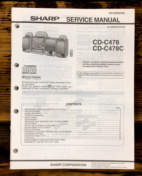 Sharp CD-C478 -C478C Stereo Service Manual *Original*