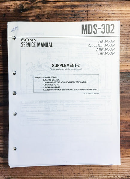 Sony MDS-302 Mini Disc MD Recorder  Service Manual Supplement 2 *Original*