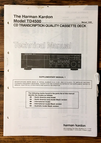 HK Harman Kardon TD-4500 TD-4500 Cassette Service Manual Supple. *Original*