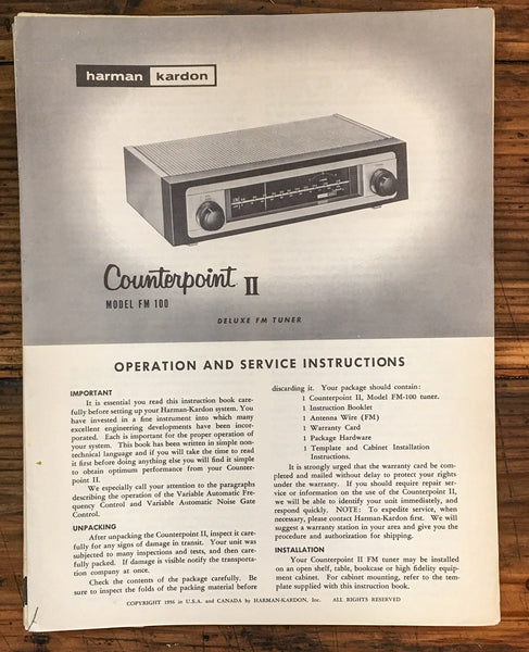 Harmon Kardon FM-100 CounterPoint II Tuner  User & Service Manual *Original*