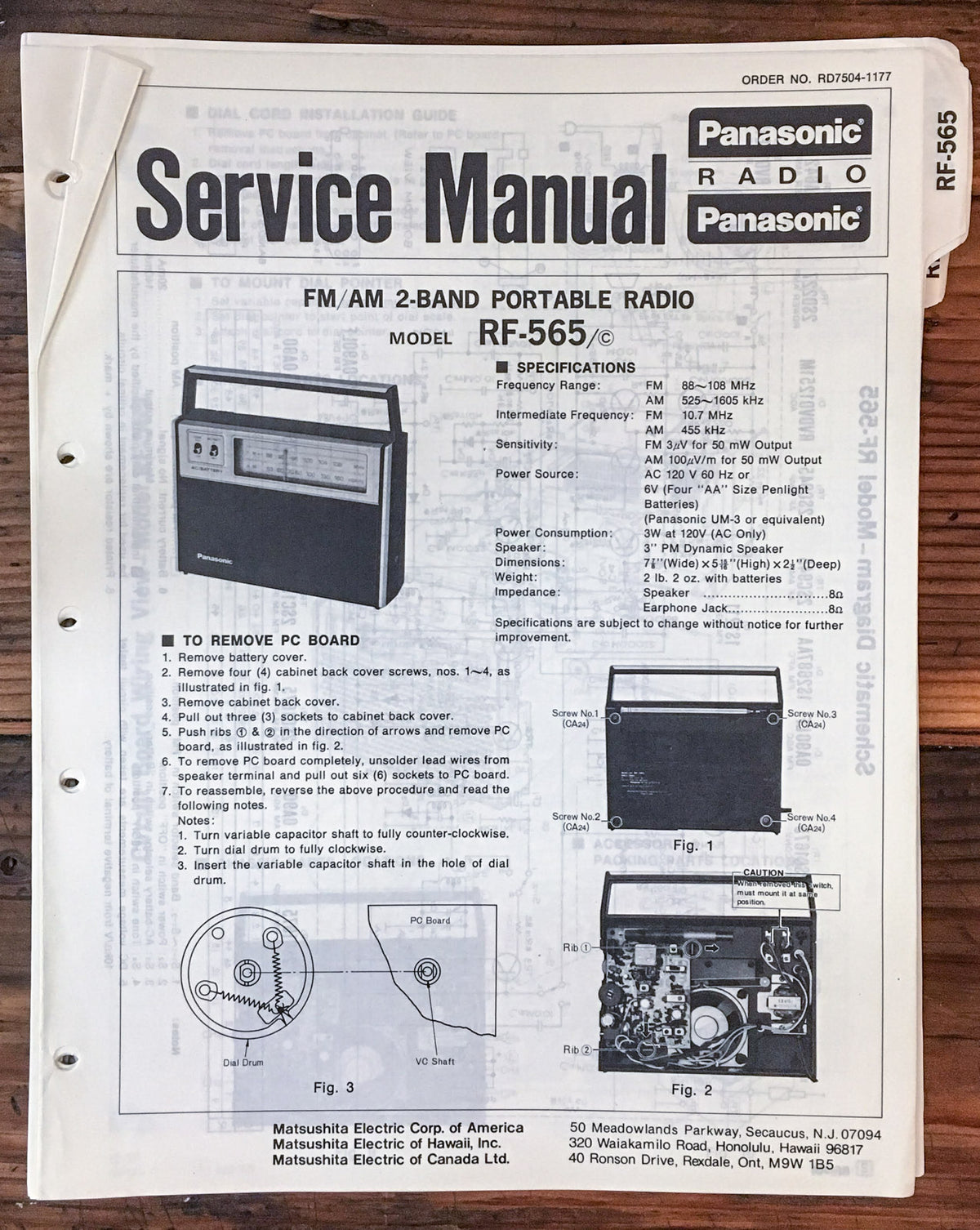 Panasonic RF-565 Radio  Service Manual *Original*
