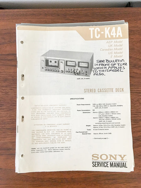 Sony TC-K4A Cassette Service Manual *Original*