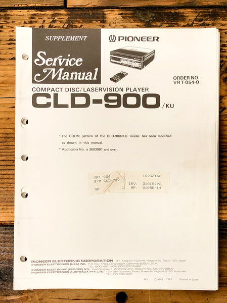 Pioneer CLD-900 CD LD Player Supp. Service Manual *Original*