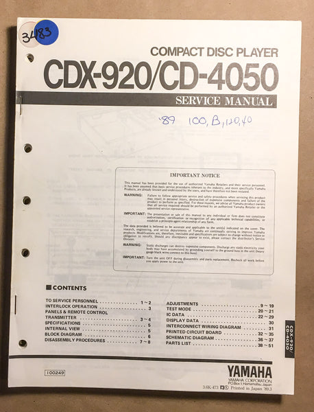 Yamaha CDX-920 CD-4050 CD Player  Service Manual *Original*
