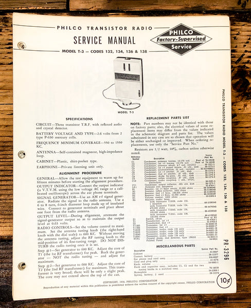 Philco Ford T-3 Codes 132 134 136 138 Radio Service Manual *Original*