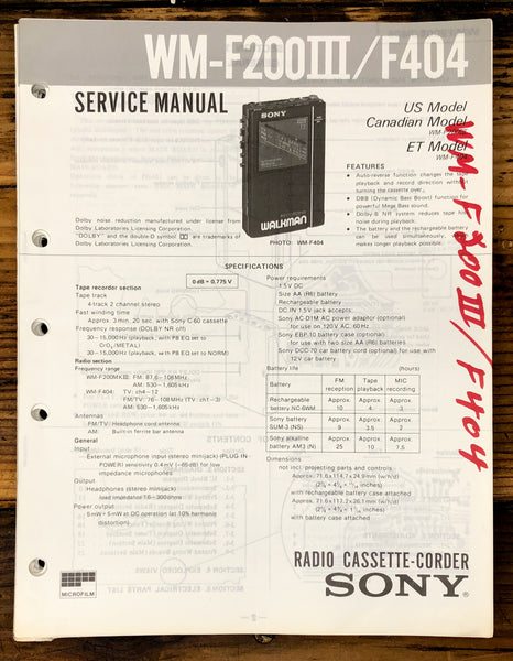 Sony WM-F200 III WM-F404 Radio Cassette  Service Manual *Original*