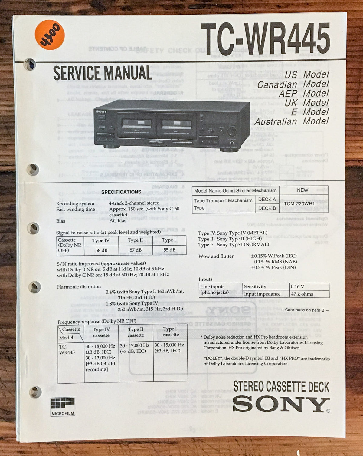 Sony TC-WR445 Cassette Deck  Service Manual *Original*