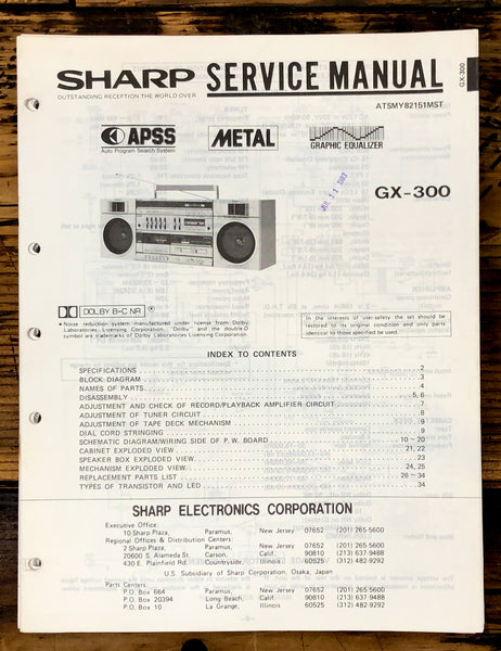 Sharp GX-300 Boombox / Radio Service Manual *Original*