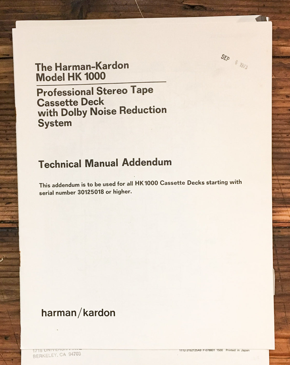 Harman Kardon HK1000 HK-1000 Cassette  Service Manual Addendum *Original*