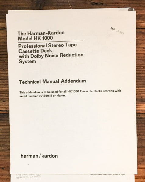 Harman Kardon HK1000 HK-1000 Cassette  Service Manual Addendum *Original*