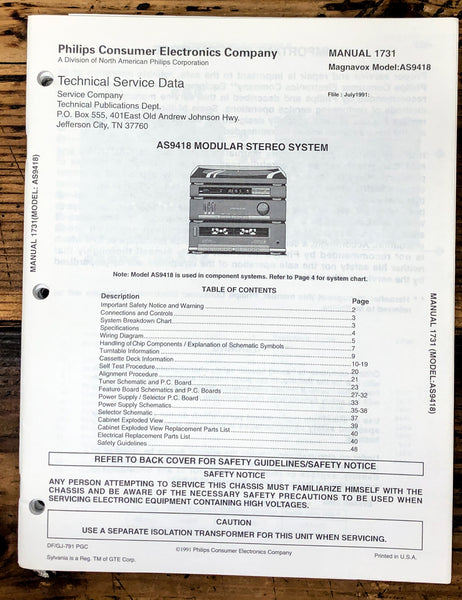 Magnavox Sylvania AS 9418 Stereo Service Manual *Original*