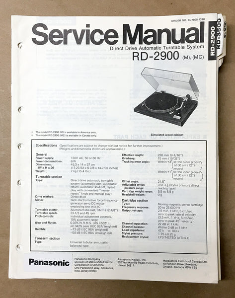 Panasonic RD-2900 Record Player / Turntable Service Manual *Original*