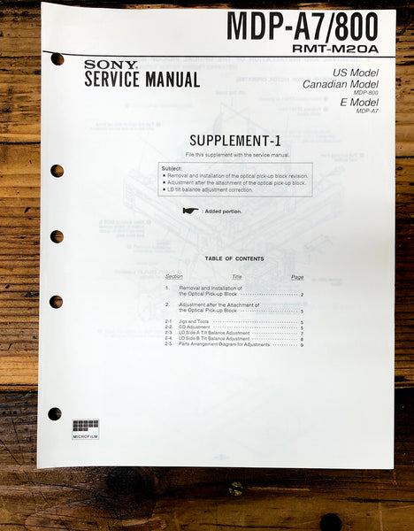 Sony MDP-A7 MDP-800 MD MiniDisc Recorder Supp. Service Manual *Original*