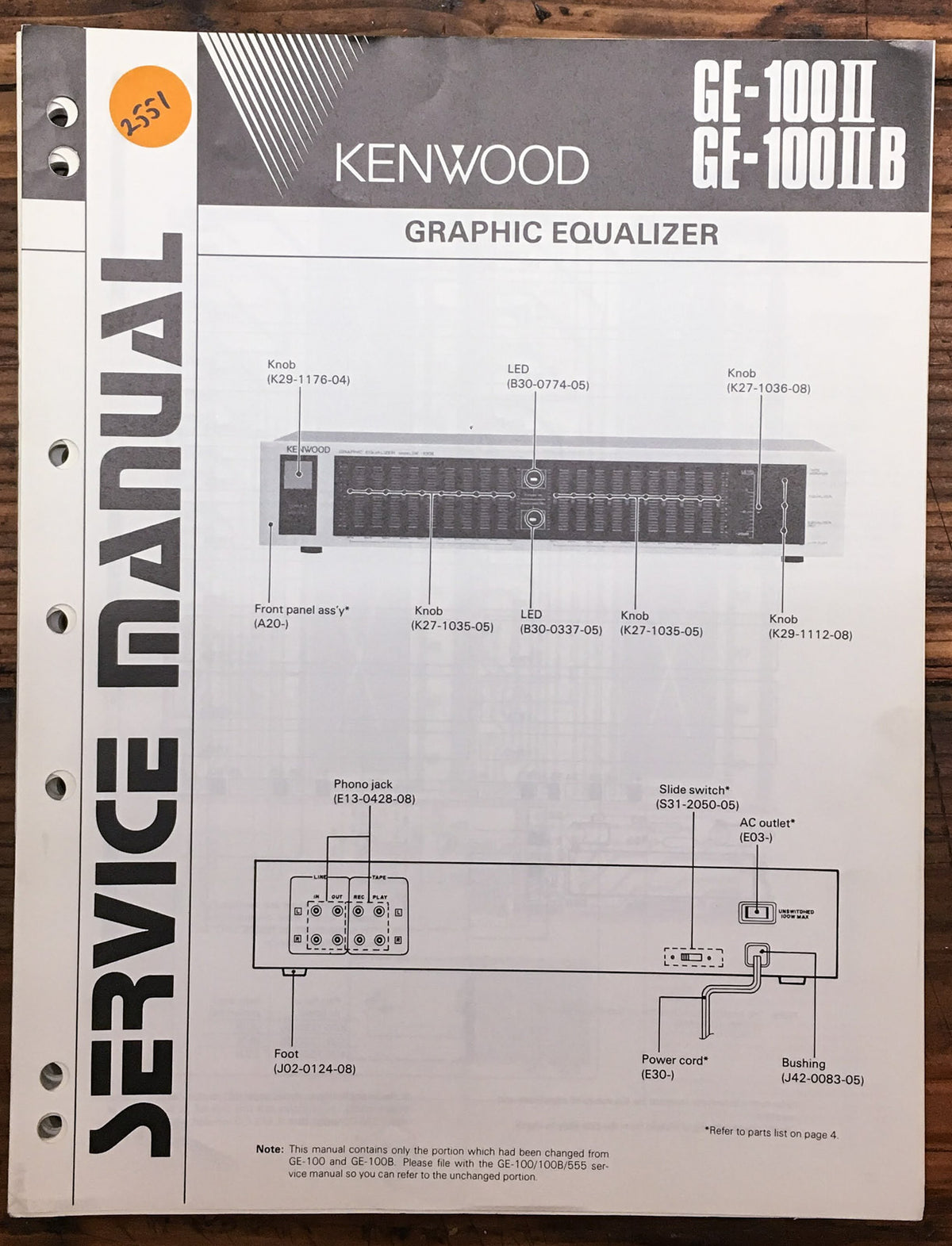 Kenwood GE-100 GE-100 II B Equalizer  Service Manual *Original*