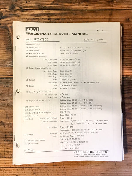 Akai GXC-760D Record Player / Turntable Prelim. Service Manual *Original*