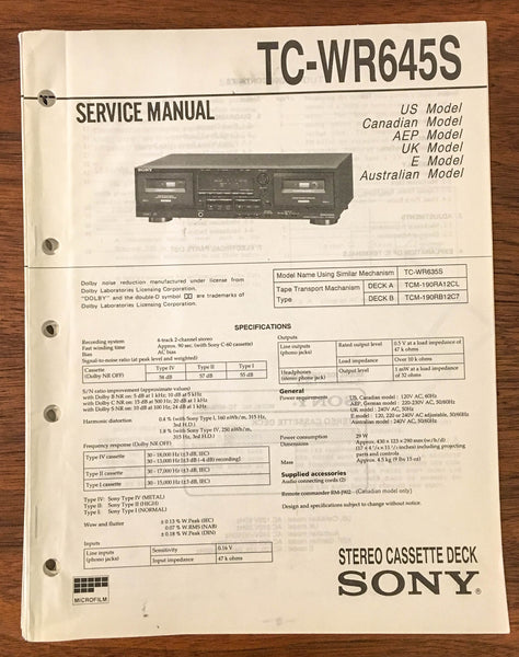 Sony TC-WR645S Tape Cassette Service Manual *Original*