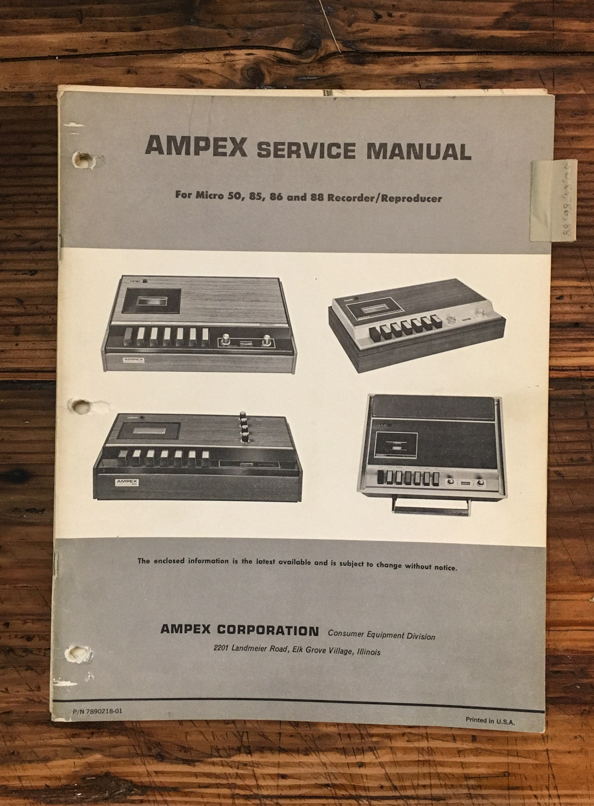 Ampex Micro 50 85 86 88 Recorder / Reproducer  Service Manual *Original*