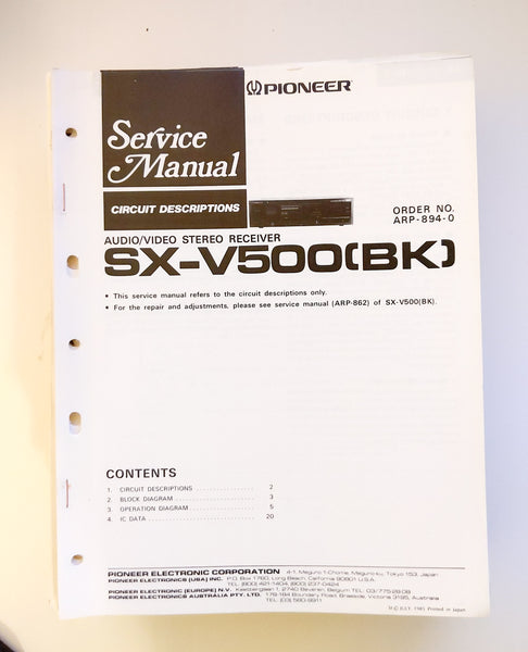 Pioneer SX-V500 Receiver Service Manual *Original* #2