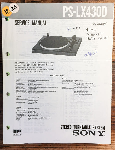 Sony PS-LX430D Turntable / Record Player  Service Manual *Original*