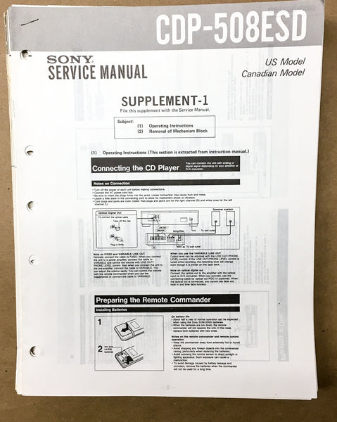 Sony CDP-508ESD 508 ESD CD Player Service Manual Supplement 1 & 2 *Original*