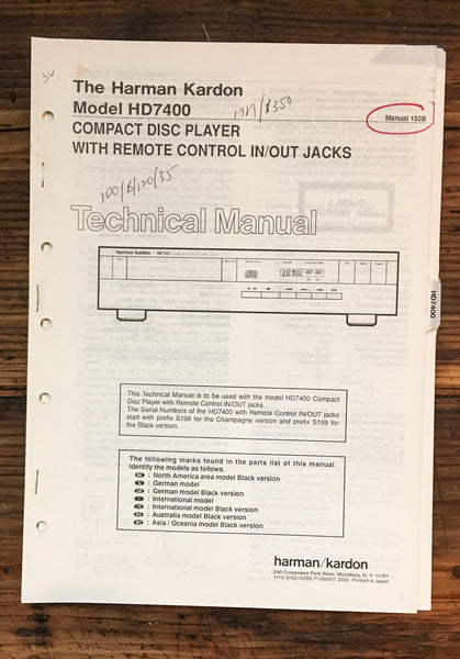Harman Kardon 7400 HD-7400 CD Player  Service Manual PT 1 *Original*