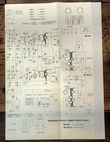 Grundig Model TK 46 TK 46U Reel to Reel Large Fold Out Schematic *Original*