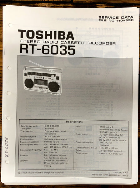 Toshiba RT-6035 Radio Cassette  Service Manual *Original*