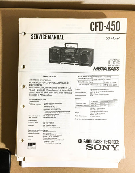Sony CFD-450 CD Radio Boombox  Service Manual *Original*
