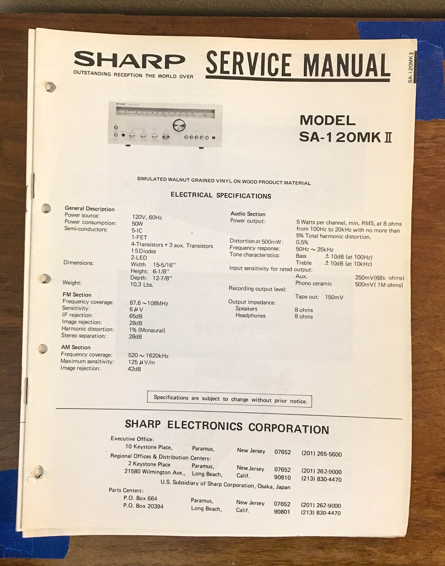 Sharp SA-120 MKII Stereo System Service Manual *Original*