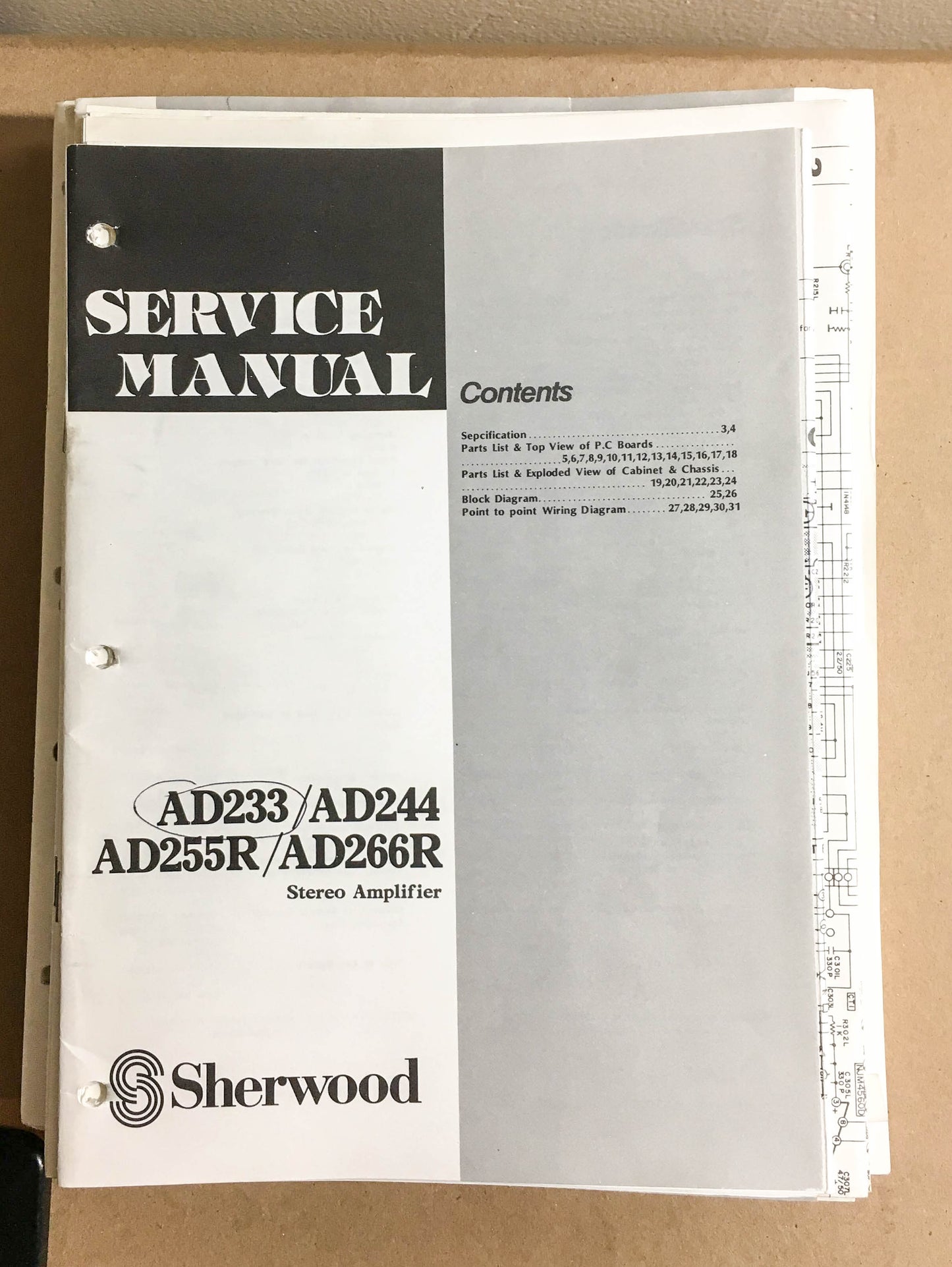Sherwood AD233 AD244 AD255R AD266R Amplifier  Service Manual *Original*