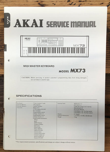 Akai MX73 MX-73 Keyboard  Service Manual *Original*