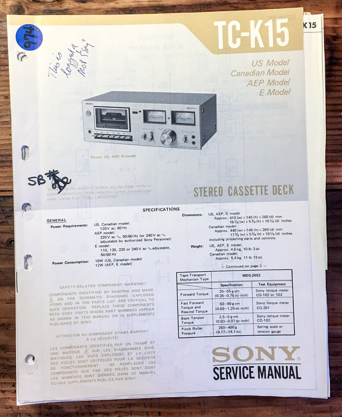 Sony TC-K15 Cassette Deck  Service Manual *Original*