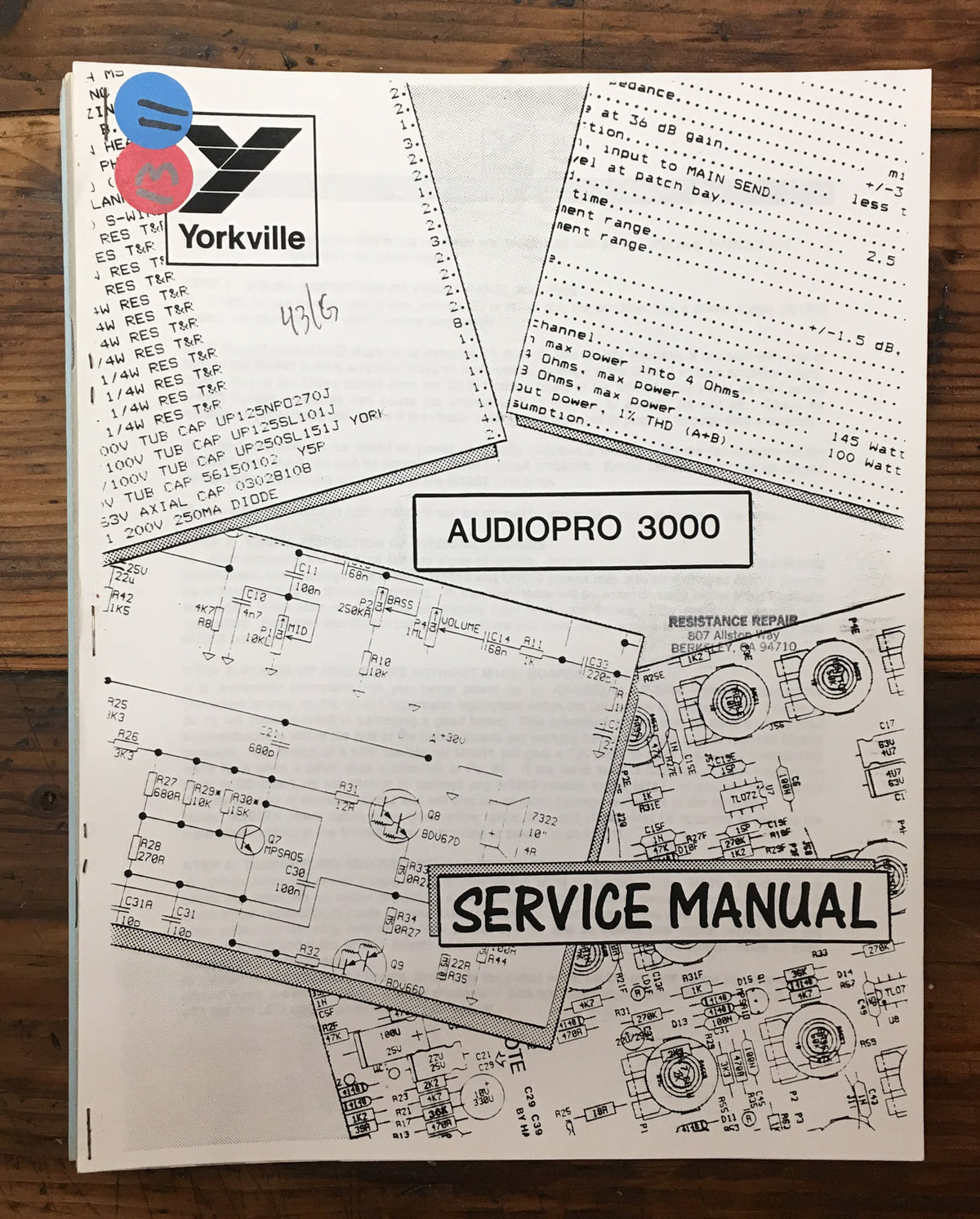 Yorkville AudioPro 3000 Amplifier  Service Manual *Original*