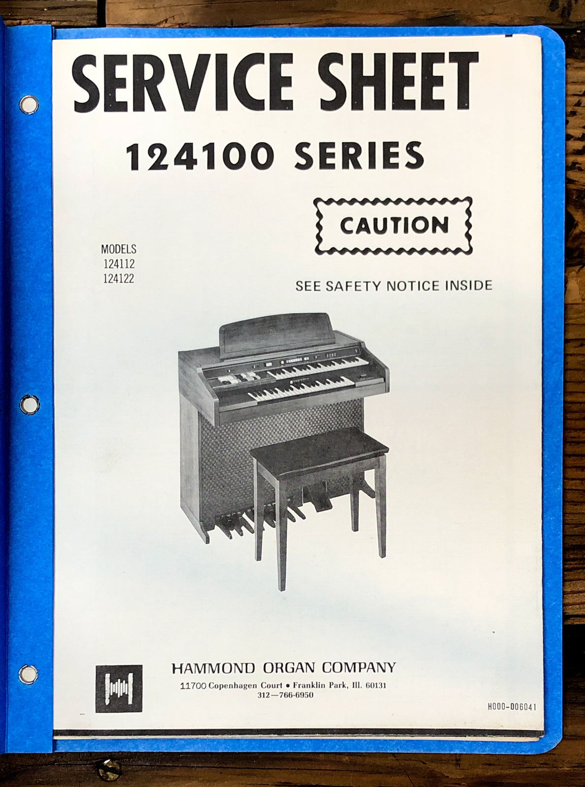 Hammond Organ 124100 Series  Service Manual *Original*