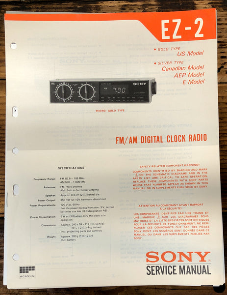 Sony EZ-2 Clock Radio  Service Manual *Original*