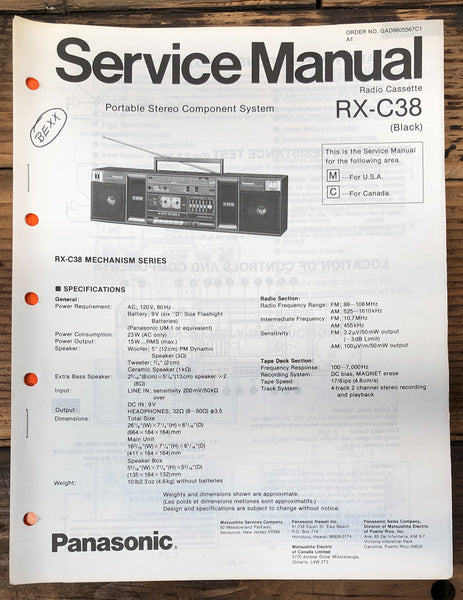 Panasonic RX-C38 Stereo  Service Manual *Original*