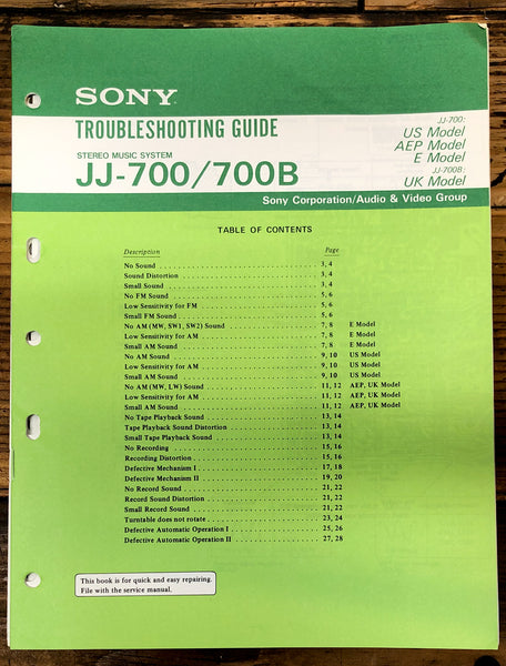 Sony JJ-700 -700B Stereo  Troubleshooting Manual *Original*