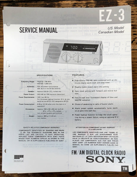 Sony EZ-3 Clock Radio  Service Manual *Original*