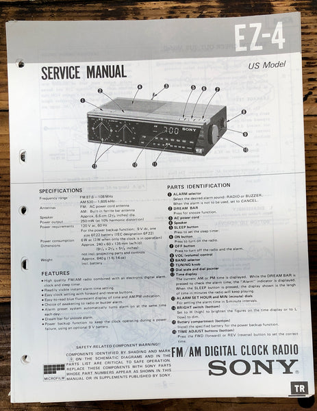 Sony EZ-4 Clock Radio  Service Manual *Original* #1