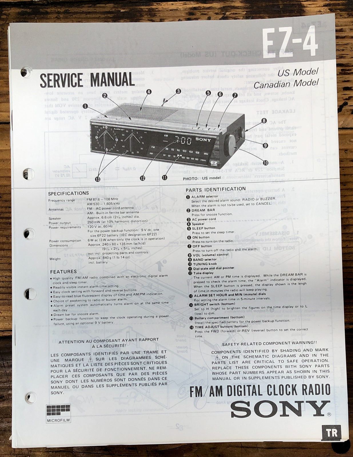 Sony EZ-4 Clock Radio  Service Manual *Original* #2
