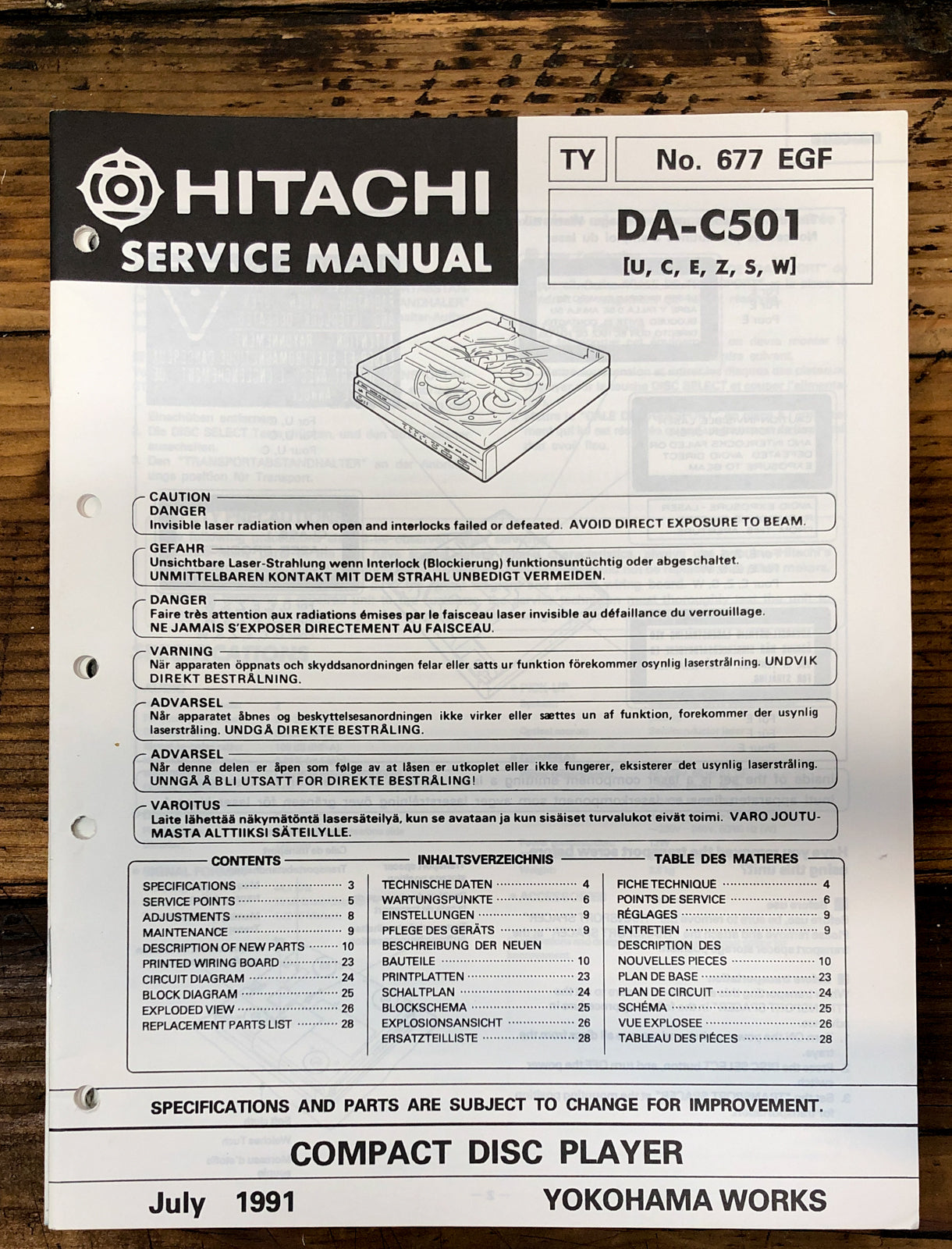 Hitachi DA-C501 CD Player  Service Manual *Original*