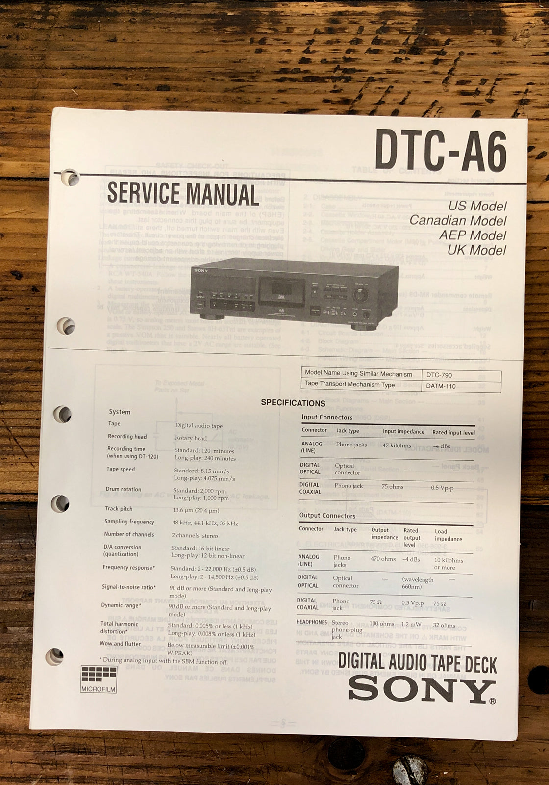 Sony DTC-A6 DAT Deck  Service Manual *Original*