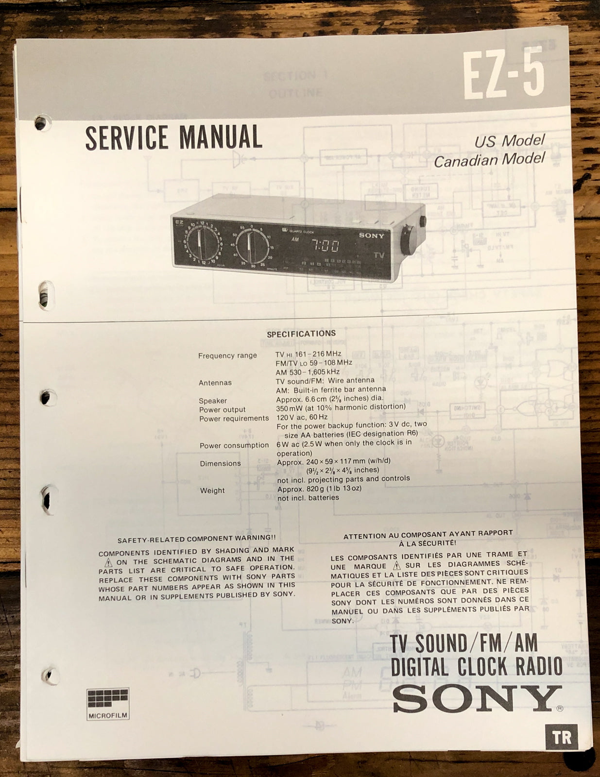Sony EZ-5 Clock Radio  Service Manual *Original*