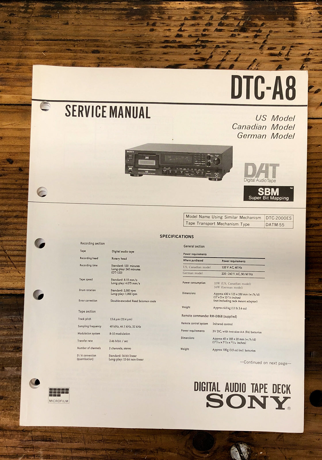 Sony DTC-A8 DAT Deck  Service Manual *Original*